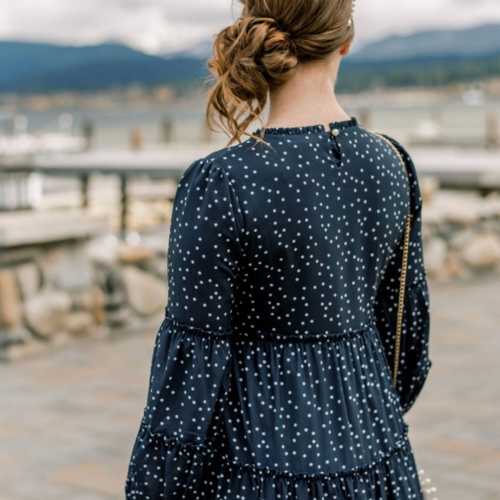 Dainty Jewells Navy and White Polka Dot Tiered Long Sleeve Dress
